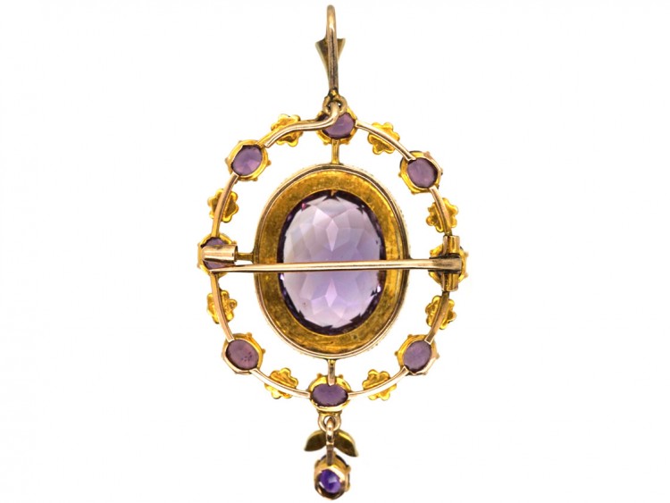 Edwardian 9ct Gold, Amethyst & Natural Split Pearl Brooch, Pendant