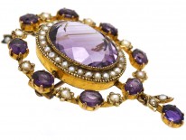Edwardian 9ct Gold, Amethyst & Natural Split Pearl Brooch, Pendant