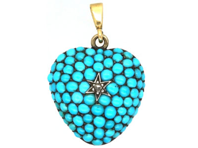 Victorian 15ct Gold Turquoise & Diamond Pave Set Heart Pendant