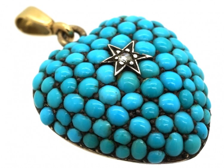 Victorian 15ct Gold Turquoise & Diamond Pave Set Heart Pendant