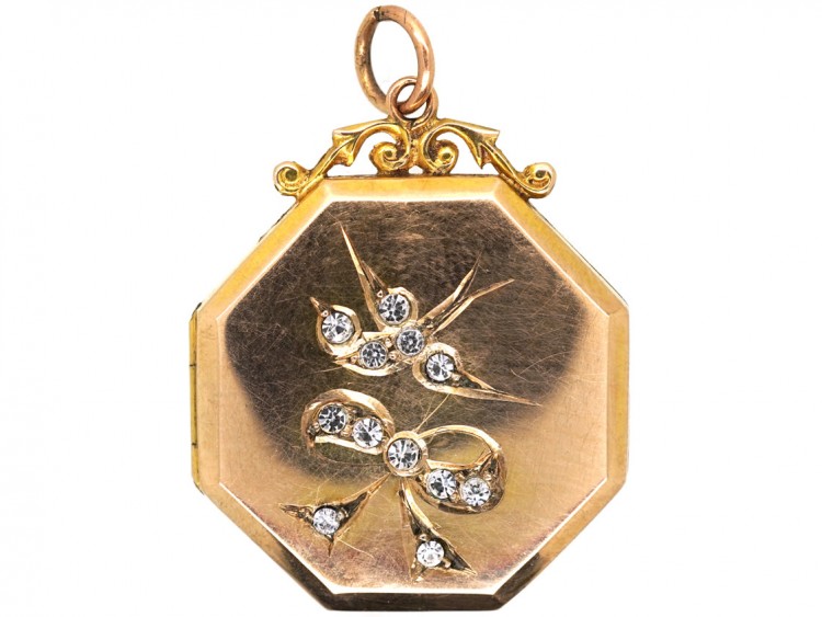 Edwardian 9ct Back & Front Octagonal Locket With Paste Set Swallow & Bow Motif