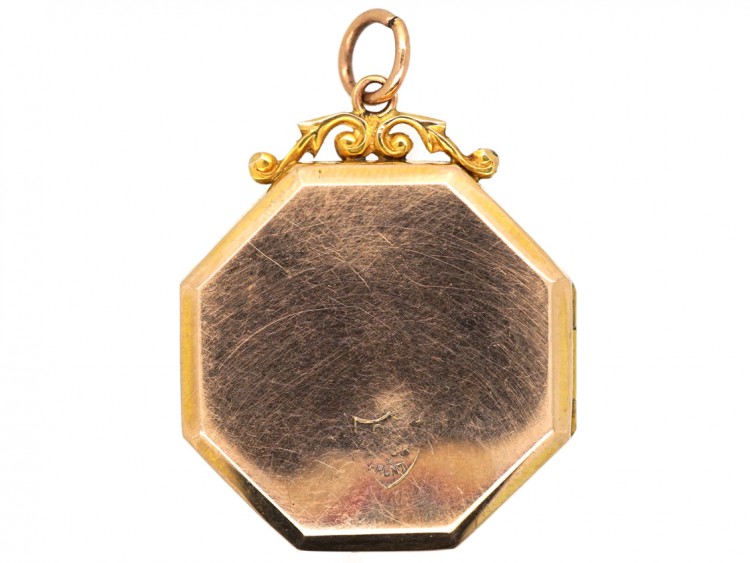Edwardian 9ct Back & Front Octagonal Locket With Paste Set Swallow & Bow Motif