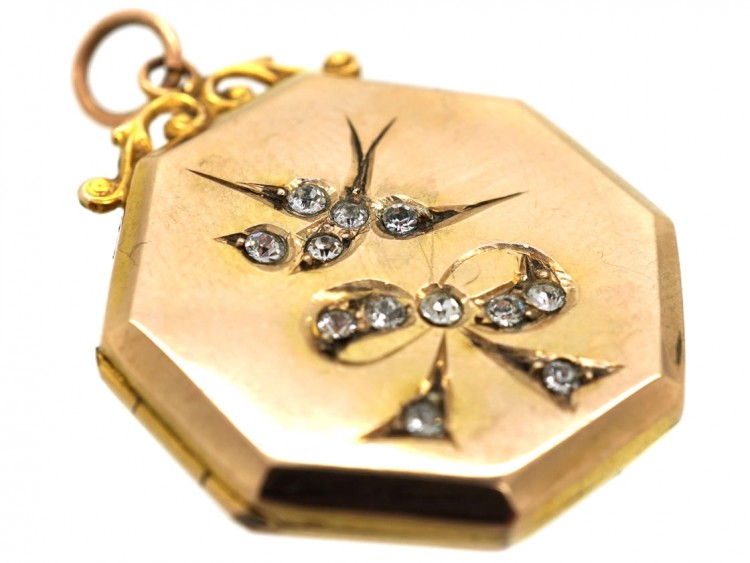 Edwardian 9ct Back & Front Octagonal Locket With Paste Set Swallow & Bow Motif