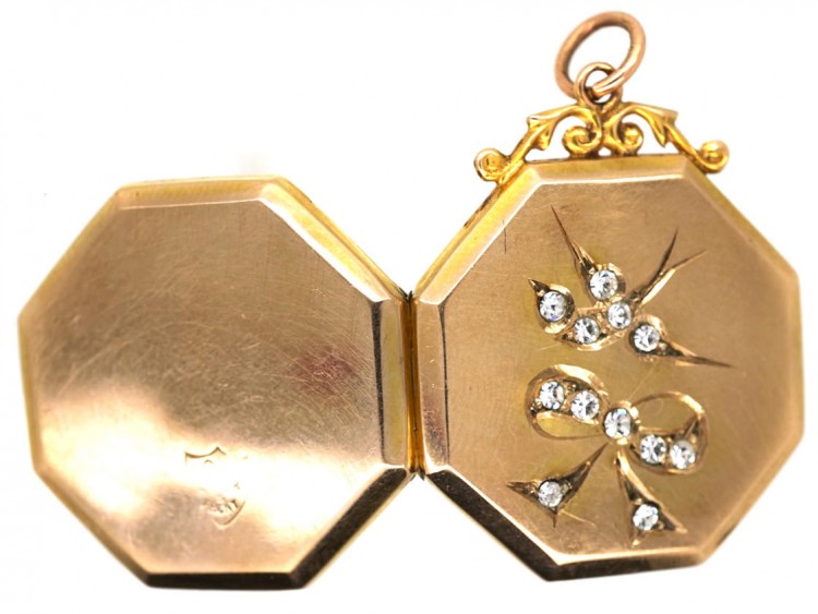 Edwardian 9ct Back & Front Octagonal Locket With Paste Set Swallow & Bow Motif