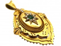Victorian 15ct Gold Emerald & Natural Split Pearl Pendant With Star Motif