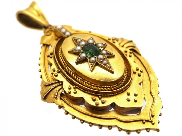 Victorian 15ct Gold Emerald & Natural Split Pearl Pendant With Star Motif
