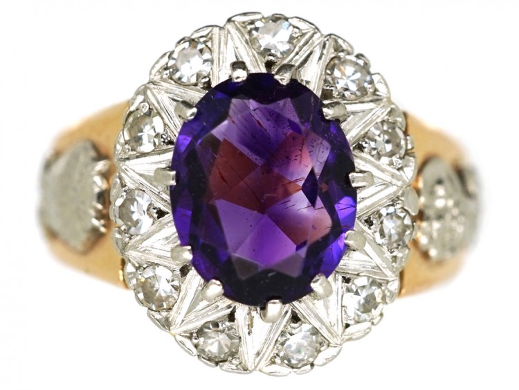 18ct Gold Amethyst & Diamond Ring With Owl & Flame Motif