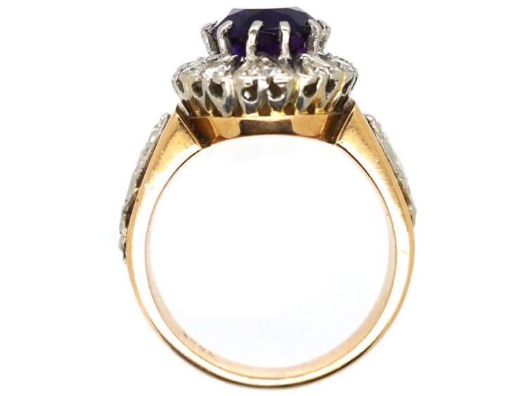 18ct Gold Amethyst & Diamond Ring With Owl & Flame Motif