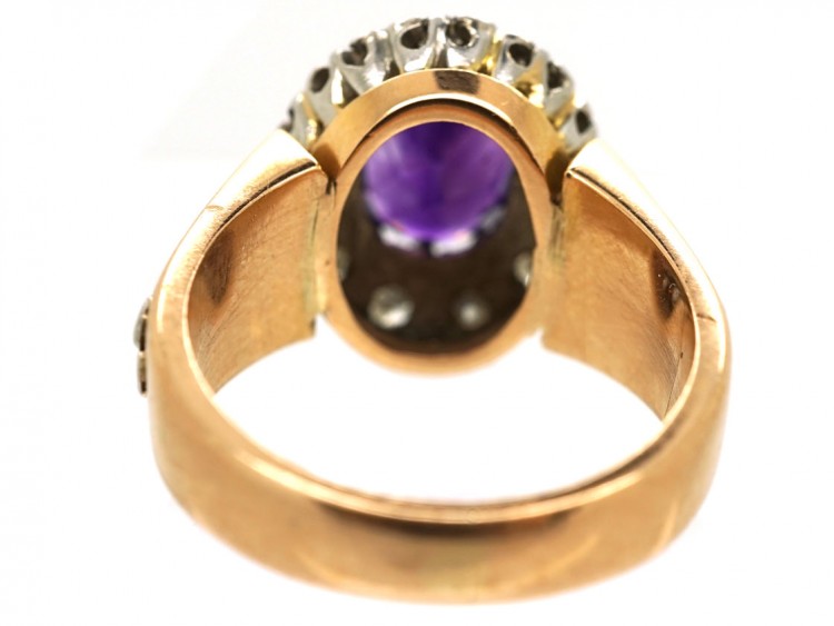 18ct Gold Amethyst & Diamond Ring With Owl & Flame Motif