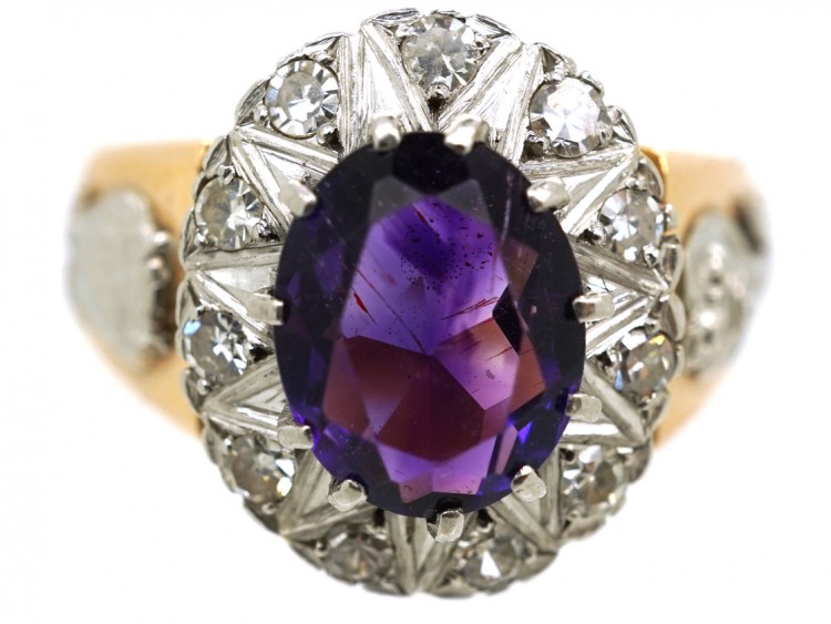 18ct Gold Amethyst & Diamond Ring With Owl & Flame Motif
