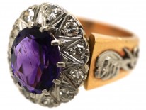 18ct Gold Amethyst & Diamond Ring With Owl & Flame Motif