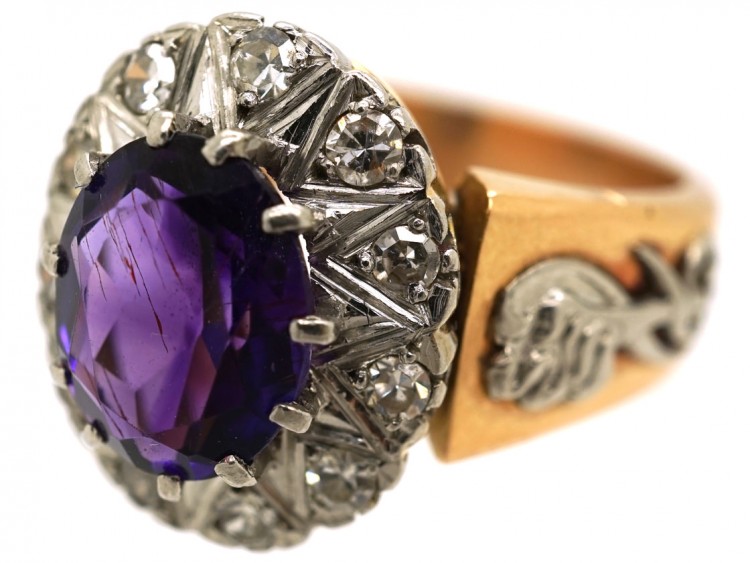 18ct Gold Amethyst & Diamond Ring With Owl & Flame Motif