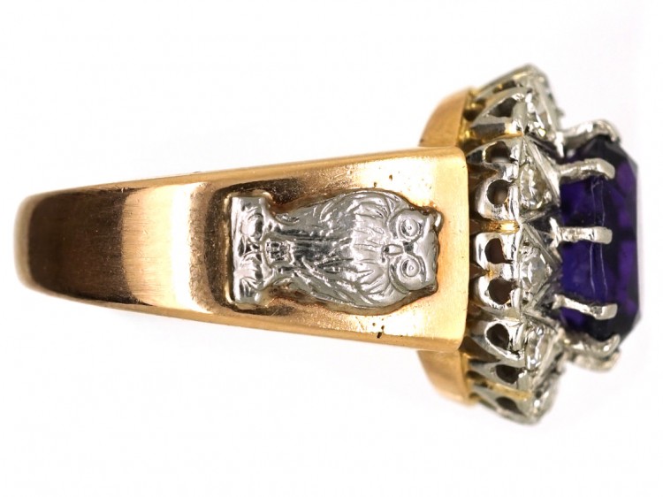 18ct Gold Amethyst & Diamond Ring With Owl & Flame Motif