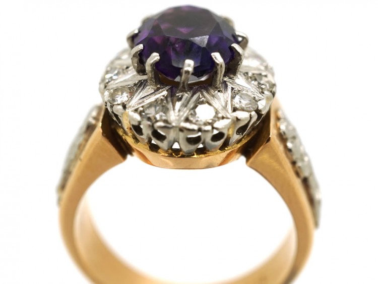 18ct Gold Amethyst & Diamond Ring With Owl & Flame Motif