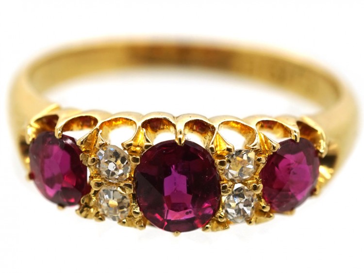 Edwardian 18ct Gold, Three Stone Ruby & Diamond Ring