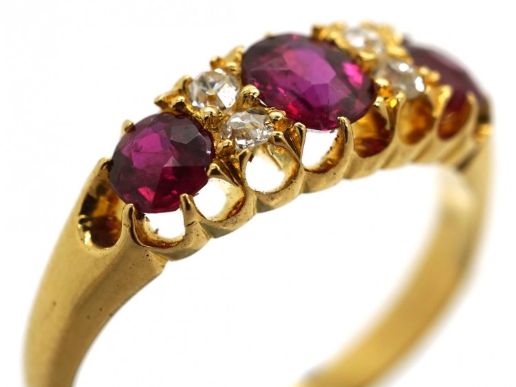 Edwardian 18ct Gold, Three Stone Ruby & Diamond Ring