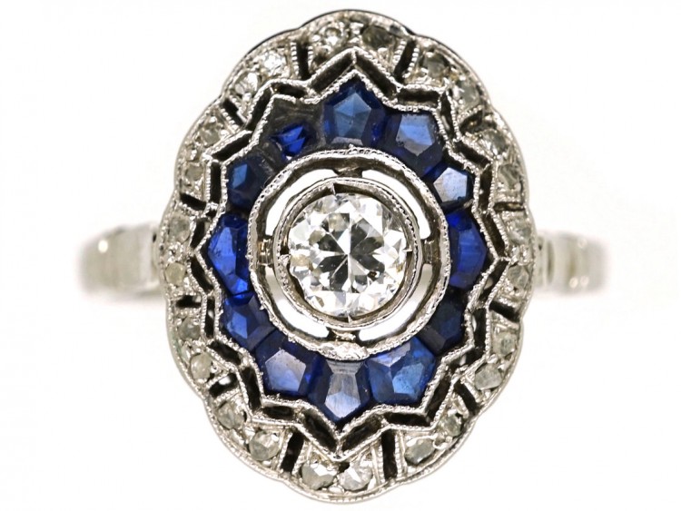 Art Deco Oval Sapphire & Diamond Cluster Ring