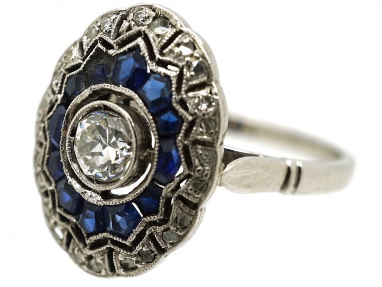 Art Deco Oval Sapphire & Diamond Cluster Ring