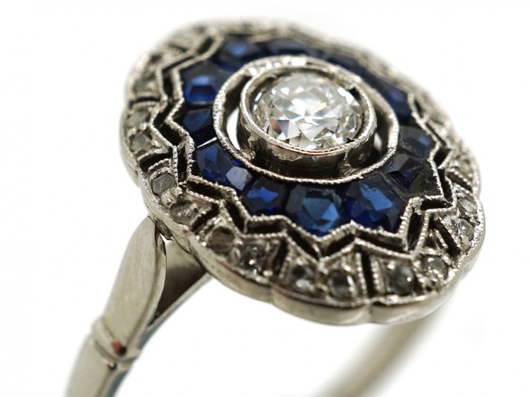 Art Deco Oval Sapphire & Diamond Cluster Ring