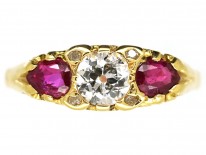 Victorian 18ct Gold, Ruby & Diamond Three Stone Carved Half Hoop Ring