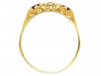 Victorian 18ct Gold, Ruby & Diamond Three Stone Carved Half Hoop Ring