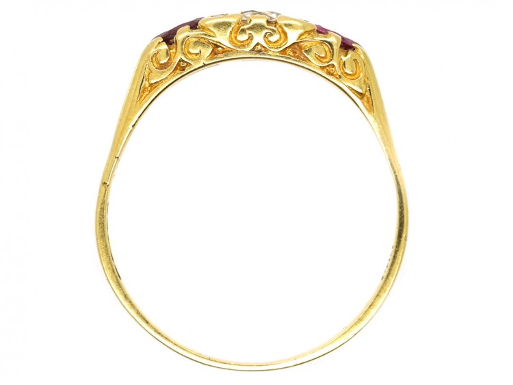 Victorian 18ct Gold, Ruby & Diamond Three Stone Carved Half Hoop Ring