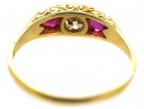 Victorian 18ct Gold, Ruby & Diamond Three Stone Carved Half Hoop Ring