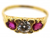 Victorian 18ct Gold, Ruby & Diamond Three Stone Carved Half Hoop Ring