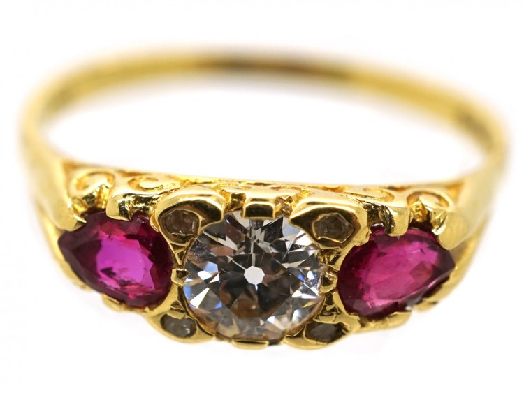 Victorian 18ct Gold, Ruby & Diamond Three Stone Carved Half Hoop Ring