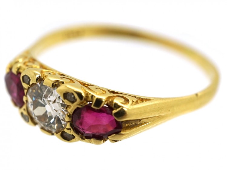 Victorian 18ct Gold, Ruby & Diamond Three Stone Carved Half Hoop Ring