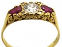 Victorian 18ct Gold, Ruby & Diamond Three Stone Carved Half Hoop Ring