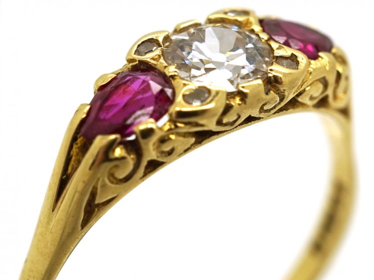 Victorian 18ct Gold, Ruby & Diamond Three Stone Carved Half Hoop Ring