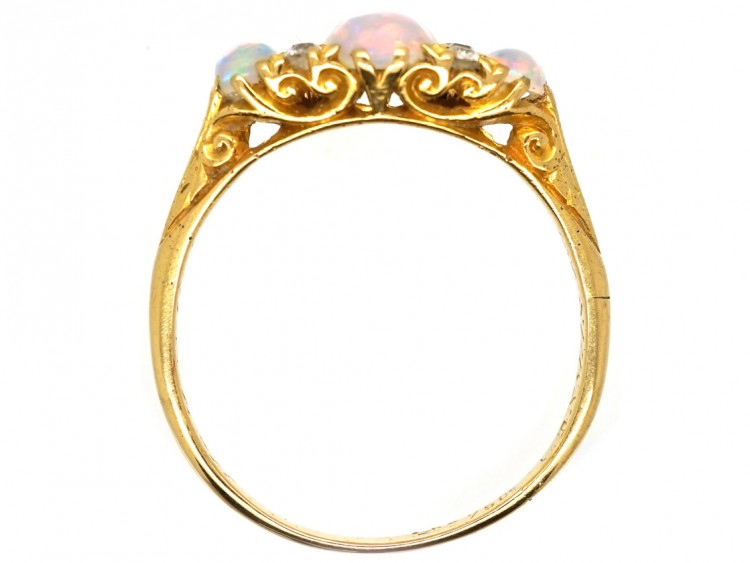Edwardian 18ct Gold, Three Stone Opal & Diamond Ring