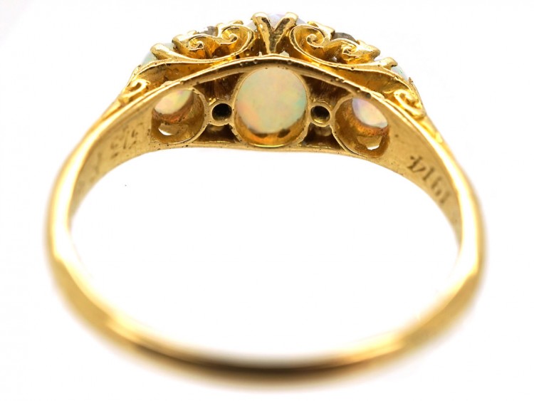 Edwardian 18ct Gold, Three Stone Opal & Diamond Ring