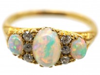 Edwardian 18ct Gold, Three Stone Opal & Diamond Ring