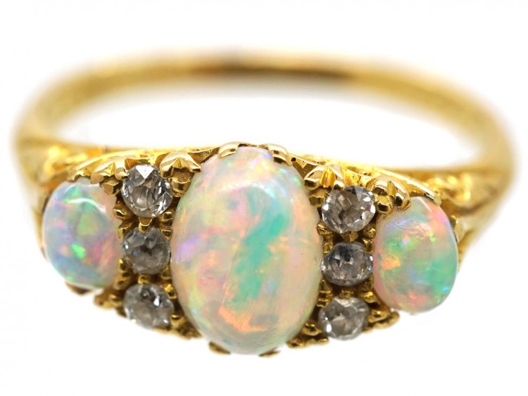 Edwardian 18ct Gold, Three Stone Opal & Diamond Ring