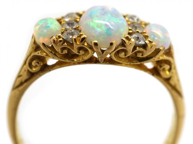 Edwardian 18ct Gold, Three Stone Opal & Diamond Ring