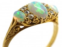 Edwardian 18ct Gold, Three Stone Opal & Diamond Ring