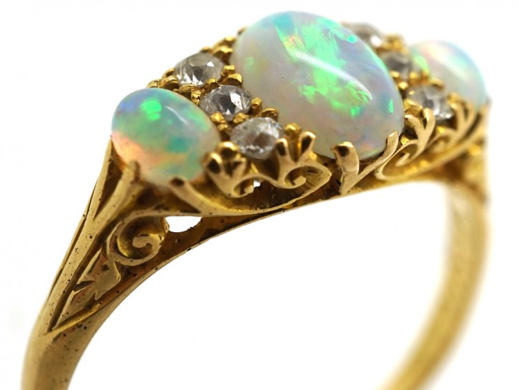 Edwardian 18ct Gold, Three Stone Opal & Diamond Ring