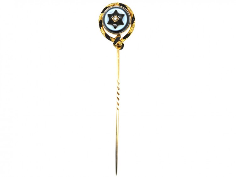 Victorian 18ct Gold, Banded Onyx , Platted Hair & Rose Diamond Tie Pin