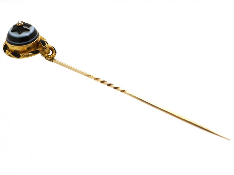 Victorian 18ct Gold, Banded Onyx , Platted Hair & Rose Diamond Tie Pin