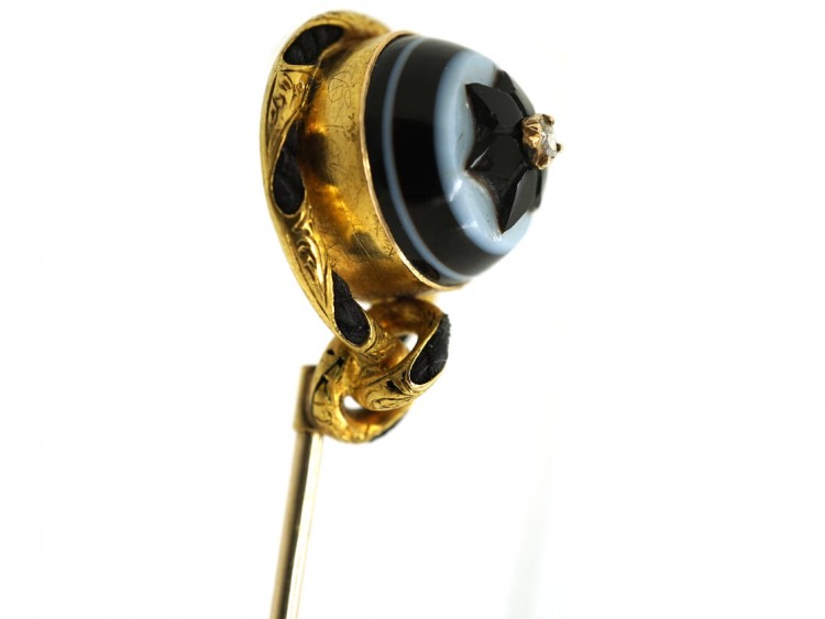 Victorian 18ct Gold, Banded Onyx , Platted Hair & Rose Diamond Tie Pin