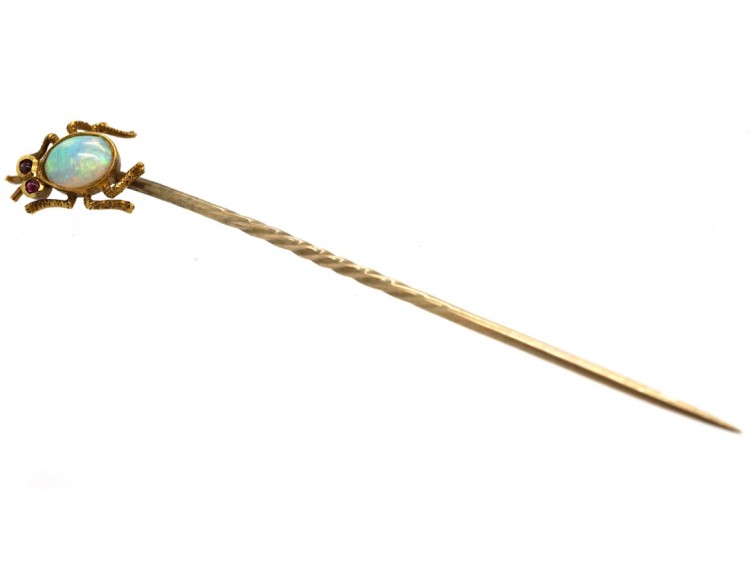 Edwardian 15ct Gold Opal & Ruby Bug Tie Pin