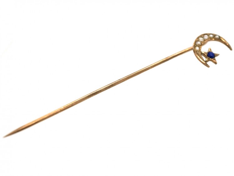 Edwardian 9ct Gold Natural Split Pearl & Lapis Lazuli Crescent Moon Tie Pin