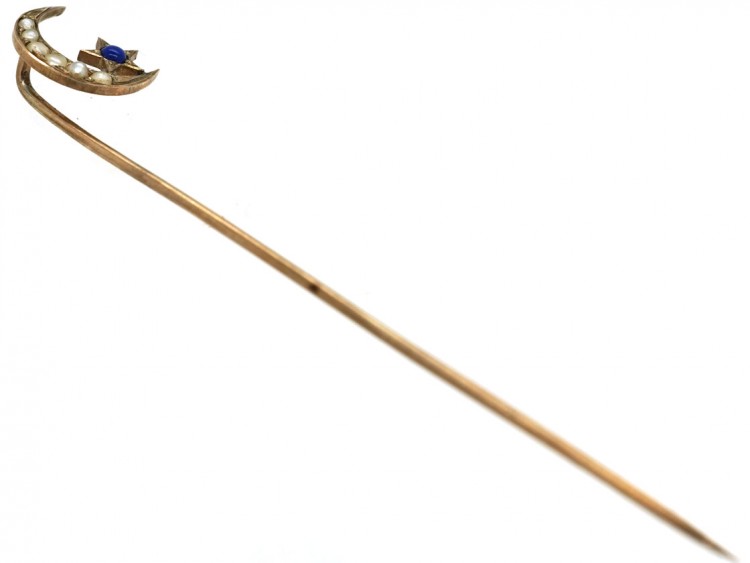 Edwardian 9ct Gold Natural Split Pearl & Lapis Lazuli Crescent Moon Tie Pin