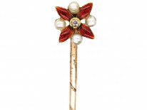 Edwardian 15ct Gold, Red Enamel & Natural Pearl Tie Pin