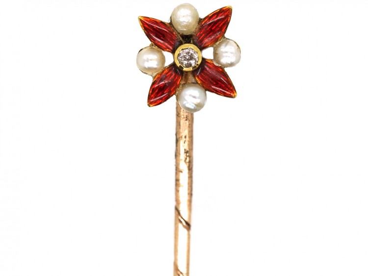 Edwardian 15ct Gold, Red Enamel & Natural Pearl Tie Pin