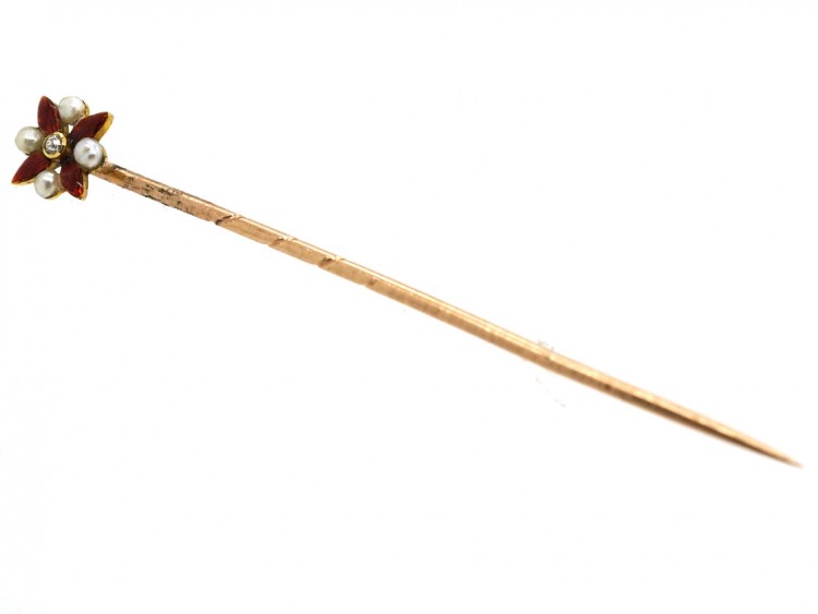Edwardian 15ct Gold, Red Enamel & Natural Pearl Tie Pin