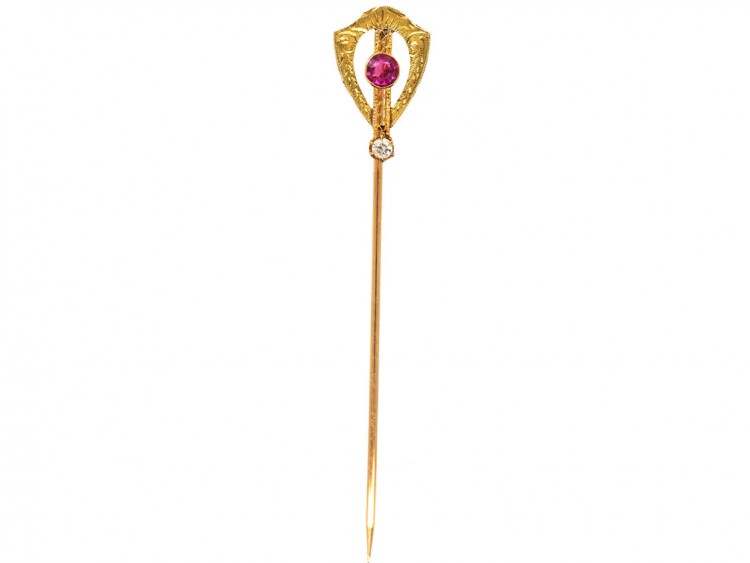 Art Deco 14ct Gold, Ruby & Diamond Tie Pin