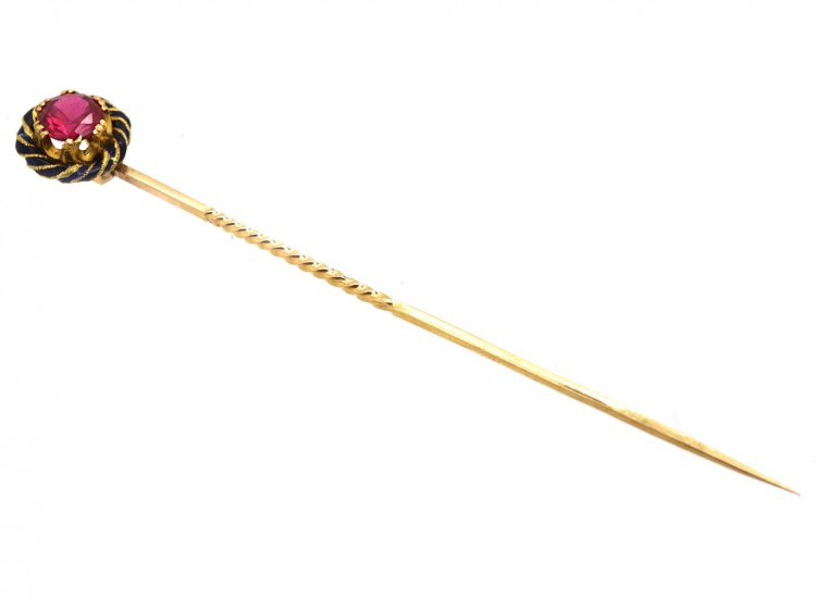 Edwardian Gold, Synthetic Ruby & Royal Blue Enamel Tie Pin